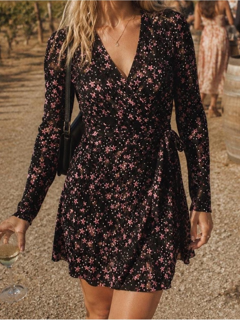 Topshop Black Mini Wrap Dress with Pink Floral Stars